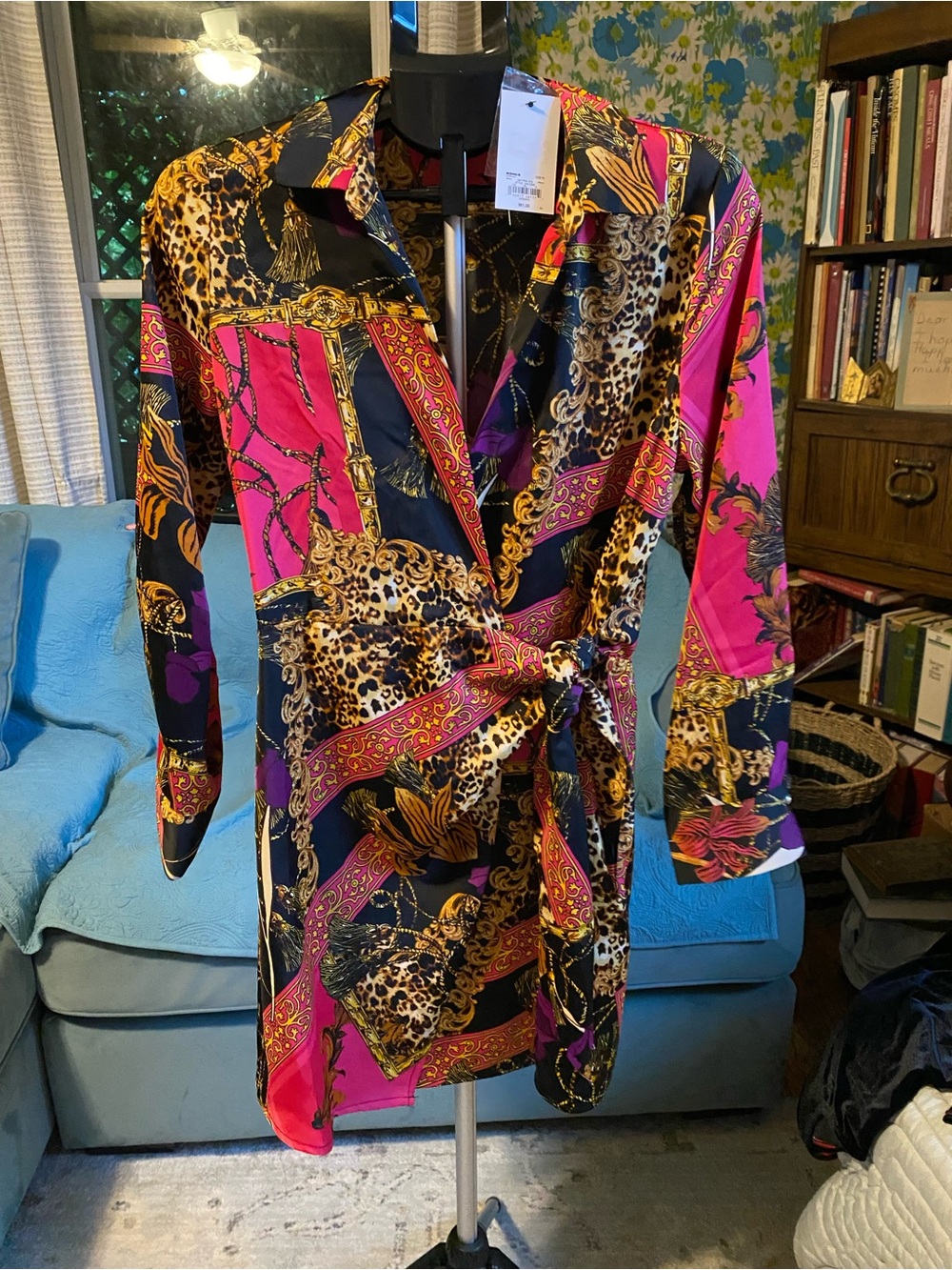 Bold Pink & Black Leopard-Print Wrap Tunic with Gold Chain Detail